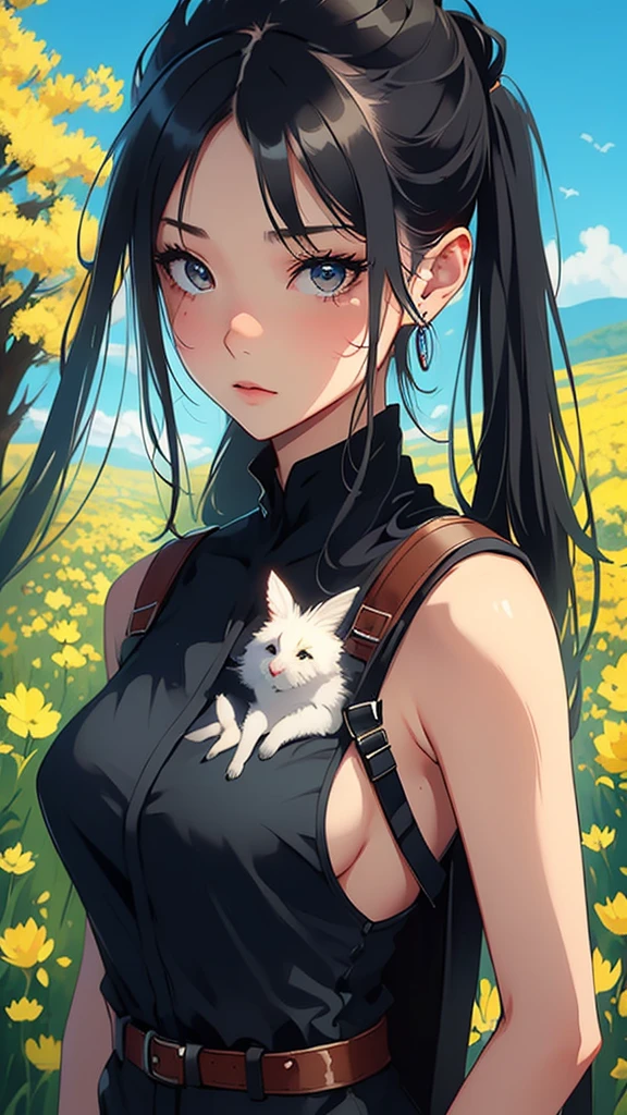 An incredibly charming  carrying a backpack, accompanied by her adorable puppy, enjoying a lovely spring outing surrounded by beautiful yellow flowers and natural scenery. The illustration is in high definition at 4k resolution, with highly-detailed facial features and cartoon-style visuals, (Butterfly Dance)