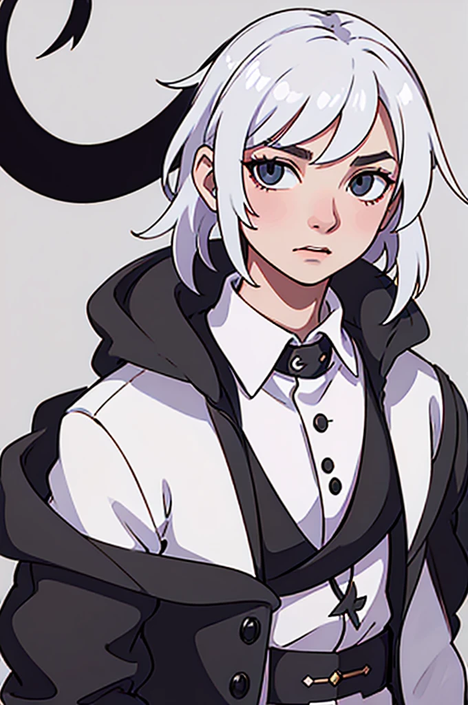 young man, with white hair, one-eyed and with black horns