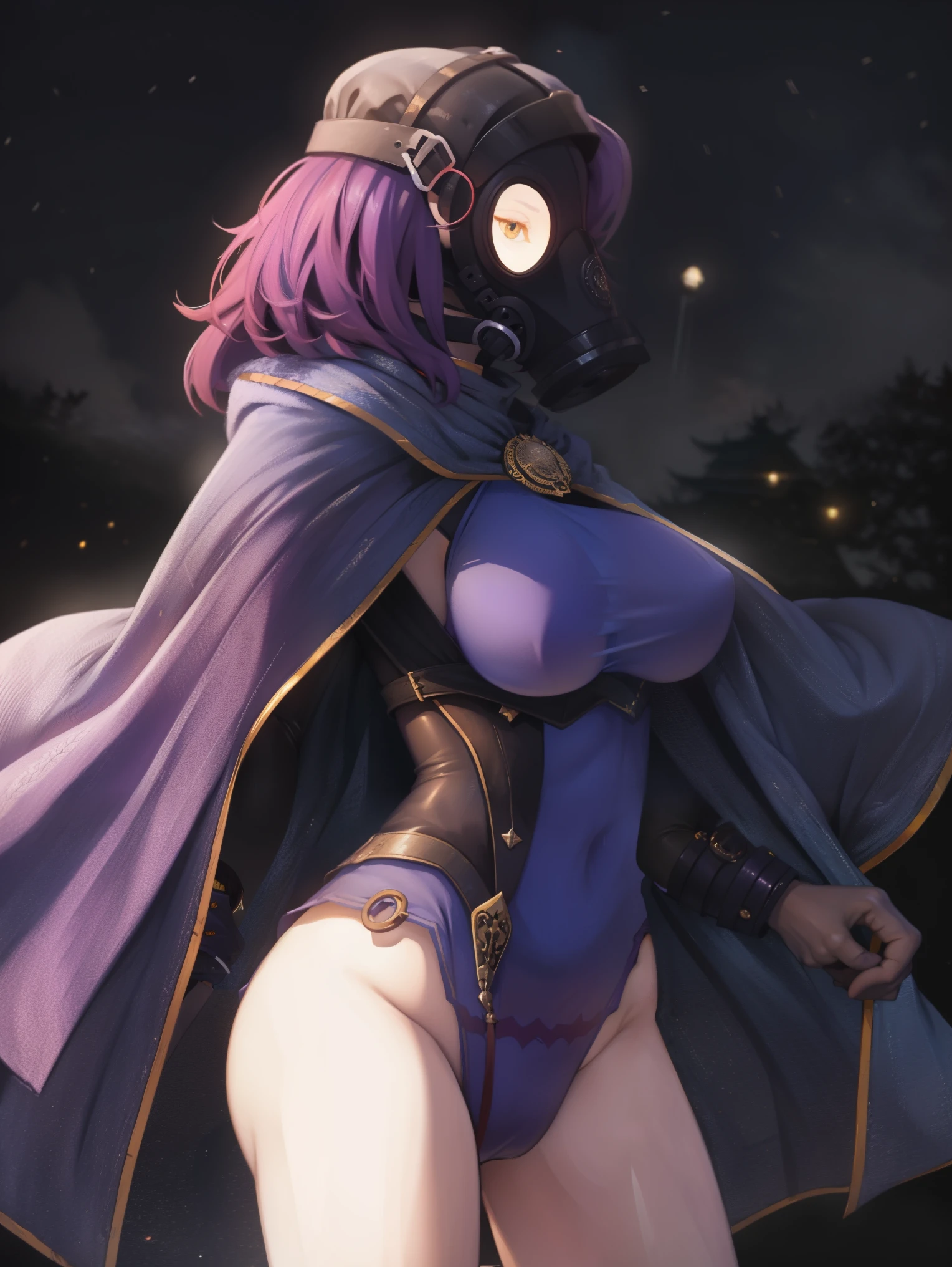 4k, high quality, cowboy shot, digital painting of beautiful young girl, witch, long dark purple hair, flowing hair, giant witches hat, long black cloak, big breasts, fully clothed, layers of cloth clothing, witch clothes, covered in darkness, in the night, night time street girl wearing a gas mask profile view armor
