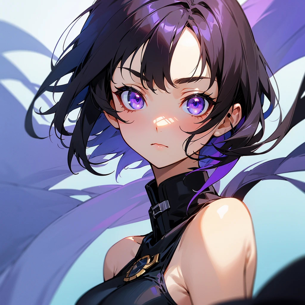 Gorgeous girl, perfect face, cute face, has a serius expression and thoughtful look, purple eyes, sharp eyes, short black hair with, wears a world war outfit, imperial presence, small breasts, anime style, ufotable style.