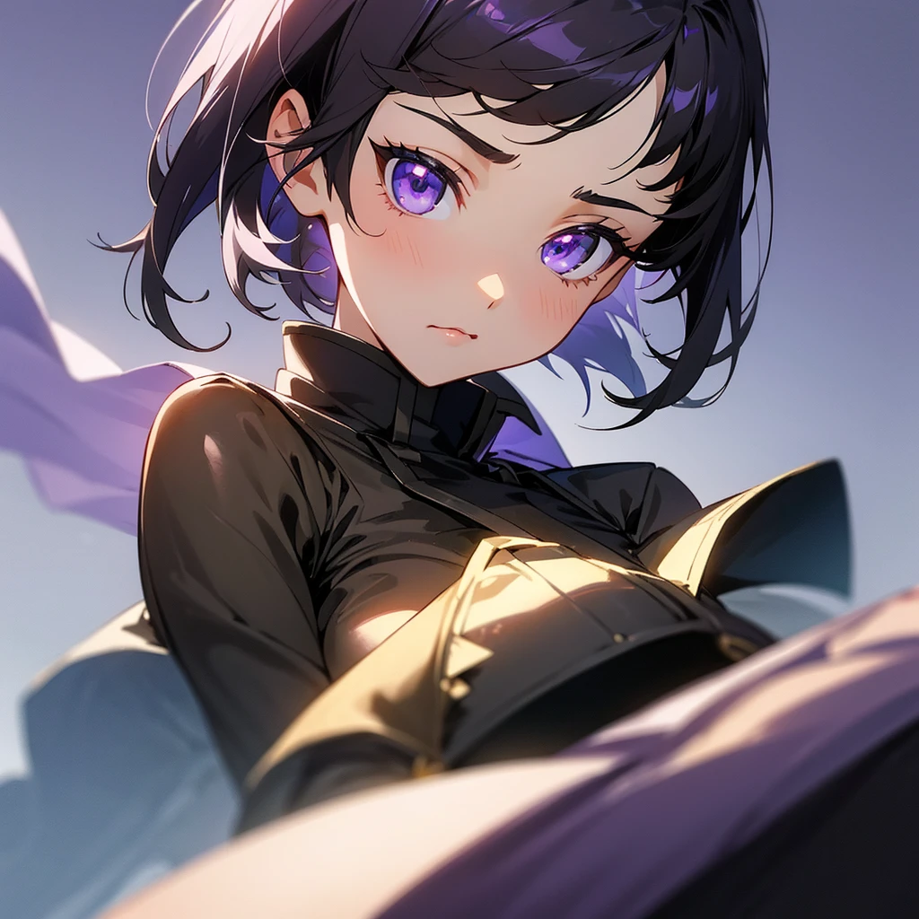 Gorgeous girl, perfect  face, cute face, has a serius expression and thoughtful look, purple eyes, sharp eyes, short black hair with, wears a world war outfit, imperial presence, small breasts, anime style, ufotable style.