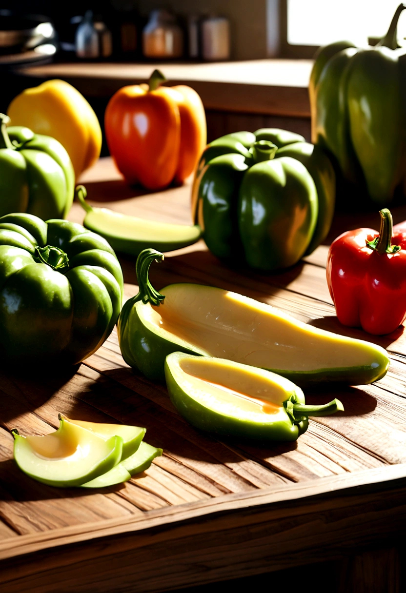 a green bell pepper on a wooden table, detailed textures, natural lighting, photorealistic, 8k, high resolution, vibrant colors, studio lighting, smooth surfaces, still life, food photography, tabletop, wooden table, close-up, macro, sharp focus, depth of field, natural shadows, reflections, natural lighting, green pepper, fresh produce, organic, healthy food, culinary, kitchen, cooking