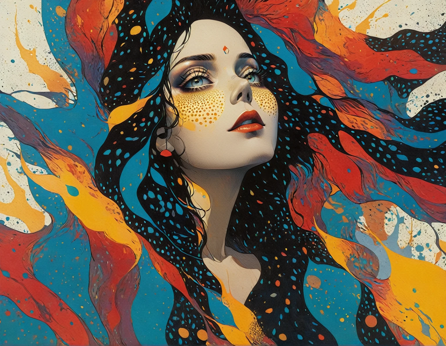 Pointillism style A RAW photograph of an otherworldly female alien creature by Katsuhiro Otomo and Makoto Shinkai and irving penn , bold lines, hyper detailed, dark limited palette, dramatic lighting, (intricate details, masterpiece, best quality:1.4),, art by Greg Rutkowski, Artgerm, WLOP, Alphonse, Beeple and Caravaggio, Lapidary of a Sisal-plated abysues magic LED lights float to cast light and shadow., Heidelberg School, F/5, multidimensional . Magical, evil, fantastical, futuristic, demonic, grunge style, highly detailed . Composed entirely of small, distinct dots of color, vibrant, highly detailed