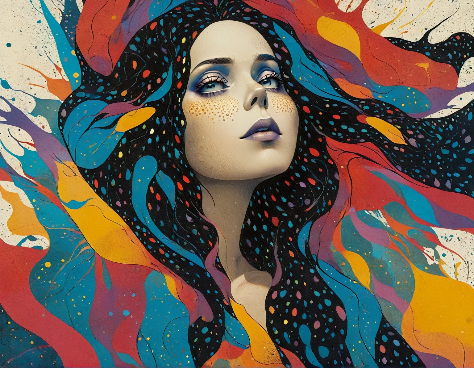Pointillism style A RAW photograph of an otherworldly female alien creature by Katsuhiro Otomo and Makoto Shinkai and irving penn , bold lines, hyper detailed, dark limited palette, dramatic lighting, (intricate details, masterpiece, best quality:1.4),, art by Greg Rutkowski, Artgerm, WLOP, Alphonse, Beeple and Caravaggio, Lapidary of a Sisal-plated abysues magic LED lights float to cast light and shadow., Heidelberg School, F/5, multidimensional . Magical, evil, fantastical, futuristic, demonic, grunge style, highly detailed . Composed entirely of small, distinct dots of color, vibrant, highly detailed