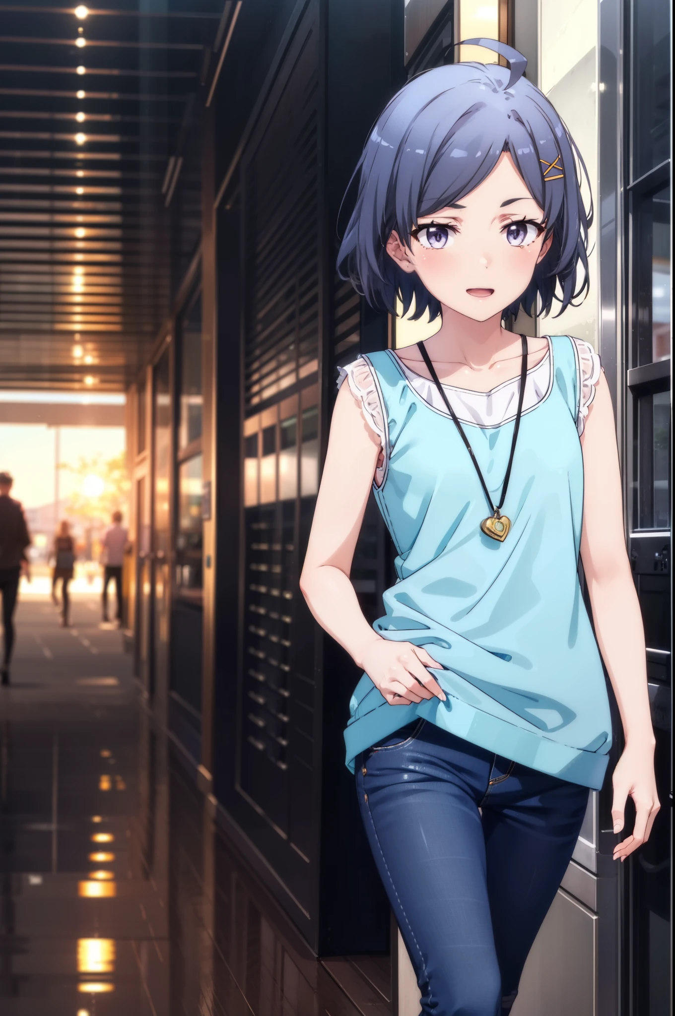 komachihikigaya, komachi hikigaya, short hair, Black Hair, hair ornaments, Ahoge, Hair Clip, x hair ornaments, (Purple eyes:1.1), tooth, happy smile, smile, Open your mouth, black tank top shirt,Locket Necklace,Skinny jeans,Stiletto heels,morning,morning陽,The sun is rising,Walking,whole bodyがイラストに入るように,
break outdoors, Building district,
break looking at viewer,whole body,
break (masterpiece:1.2), Highest quality, High resolution, unity 8k wallpaper, (figure:0.8), (Beautiful attention to detail:1.6), Highly detailed face, Perfect lighting, Highly detailed CG, (Perfect hands, Perfect Anatomy),