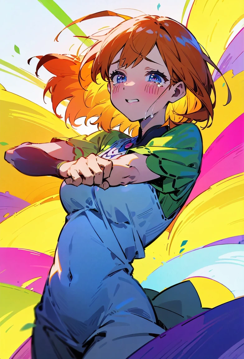 Yotsuba Nakano, short orange hair, green ribbon,, 4k, extremely fine illustration, cowboy shot, tears,, sfw, crying, dynamic pose, interesting pose, expressive face, silky pretty dress,flowing dress, wind, extremely fine and beautiful, super fine illustration, top-quality、Official art、Beautifully Aesthetic:、vivid colours、colourful, HD Detail, Ultra Detail, soft Light, magical photography, intricate details, , sfw, , indigo eyes, masterpiece, 4k, ultradetailed,