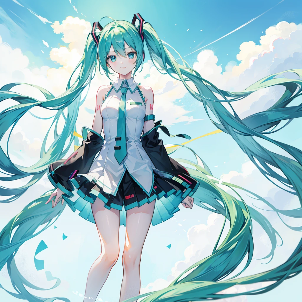 (miku hatsune), cute, Long Green Hair, whole body, No defects, smile, Focus on your audience