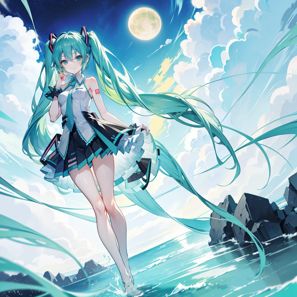 Hatsune Miku,Smile a little embarrassed,View from below, with the wind blowing through the skirt,zoom up,No underwear,My pussy is a little wet