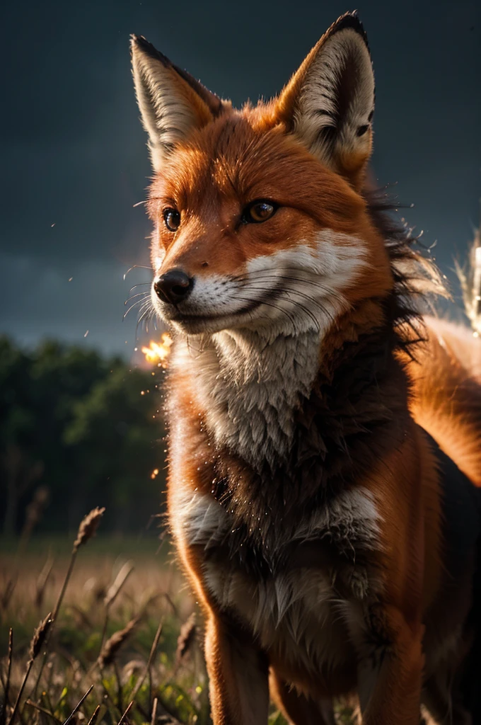 fire fox animal, High definition, field of battle, rainny, expression of courage, 4K, 真实感