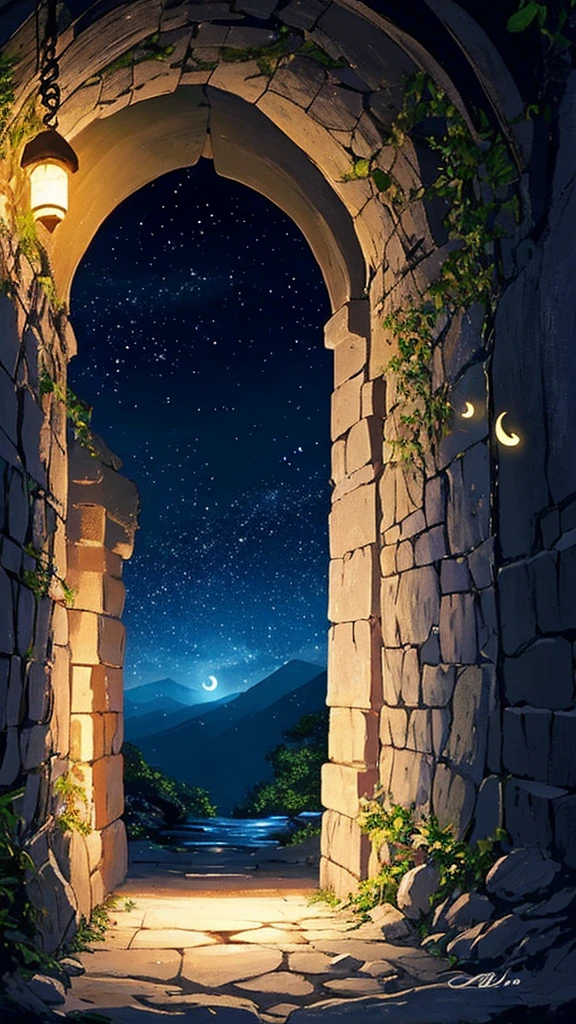 A crescent moon shining in the dark night sky seen from inside a cave, With the gentle light of fireflies. The scene is depicted softly., Pastel colors create a calming, dreamy atmosphere. The silhouette of a cave entrance frames the landscape.., Enhance the depth and mystical atmosphere of the moment. This photo captures a delicate balance of light and dark.。, The natural beauty of the moon and fireflies combined with the tranquility of a cave.」