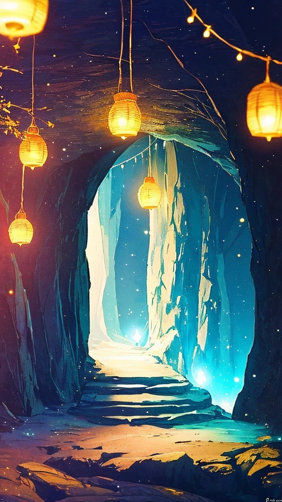 A crescent moon shining in the dark night sky seen from inside a cave, With the gentle light of fireflies. The scene is depicted softly., Pastel colors create a calming, dreamy atmosphere. The silhouette of a cave entrance frames the landscape.., Enhance the depth and mystical atmosphere of the moment. This photo captures a delicate balance of light and dark.。, The natural beauty of the moon and fireflies combined with the tranquility of a cave.」