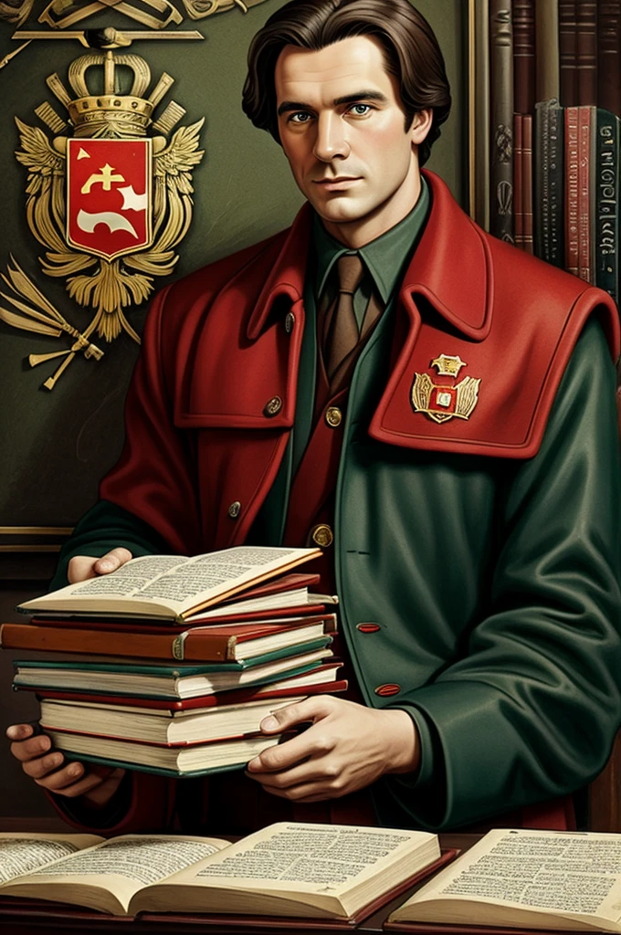 Create a Soviet painting style image, with books, pencils and the coat of arms of the USSR