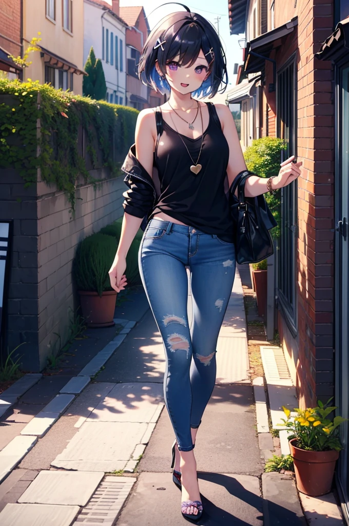 komachihikigaya, komachi hikigaya, short hair, Black Hair, hair ornaments, Ahoge, Hair Clip, x hair ornaments, (Purple eyes:1.1), tooth, happy smile, smile, Open your mouth, black tank top shirt,Locket Necklace,Skinny jeans,Stiletto heels,morning,morning陽,The sun is rising,Walking,whole bodyがイラストに入るように,
break outdoors, Building district,
break looking at viewer,whole body,
break (masterpiece:1.2), Highest quality, High resolution, unity 8k wallpaper, (figure:0.8), (Beautiful attention to detail:1.6), Highly detailed face, Perfect lighting, Highly detailed CG, (Perfect hands, Perfect Anatomy),