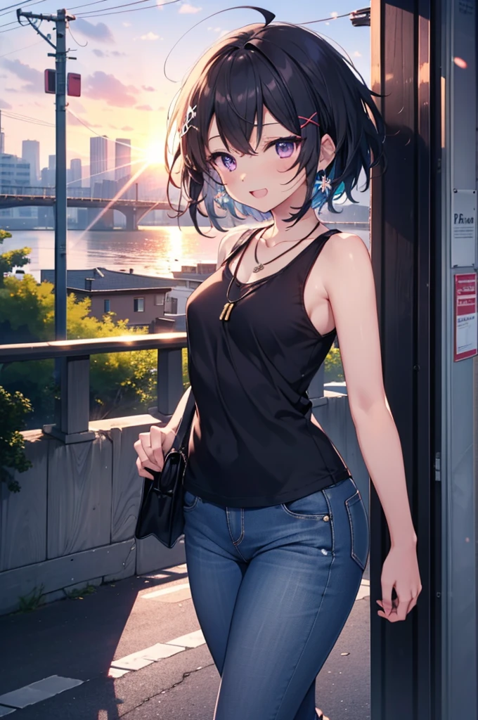 komachihikigaya, komachi hikigaya, short hair, Black Hair, hair ornaments, Ahoge, Hair Clip, x hair ornaments, (Purple eyes:1.1), tooth, happy smile, smile, Open your mouth, black tank top shirt,Locket Necklace,Skinny jeans,Stiletto heels,morning,morning陽,The sun is rising,Walking,whole bodyがイラストに入るように,
break outdoors, Building district,
break looking at viewer,whole body,
break (masterpiece:1.2), Highest quality, High resolution, unity 8k wallpaper, (figure:0.8), (Beautiful attention to detail:1.6), Highly detailed face, Perfect lighting, Highly detailed CG, (Perfect hands, Perfect Anatomy),