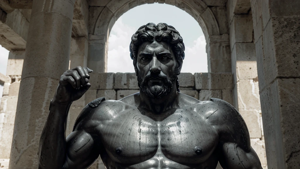 a portrait statue of the stoic Marcus Aurelius in black and white 4K, Super realistic ANCIENT GREEK RUINS, fully body, corpo stark, brawny, stark, wearing no shirt, tronco stark, stark, wearing no shirt, strong arms, 8K, ultra realisitic, cinematographic
