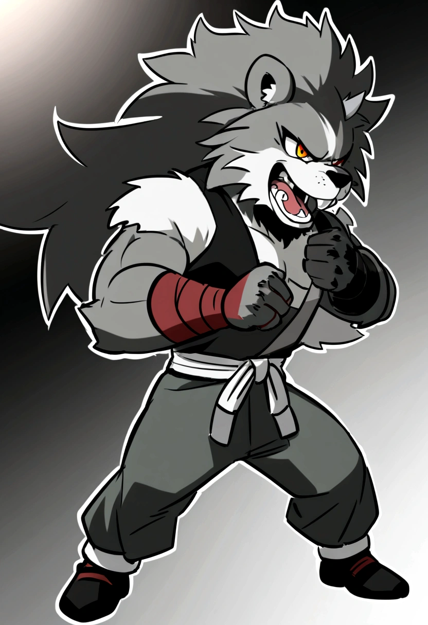 A furry lion character in dark gray color and in street fighter clothes with bands on his hands, dark Anime style, various shades of gray, with gray clothes, aggressive, angry and with a combat pose