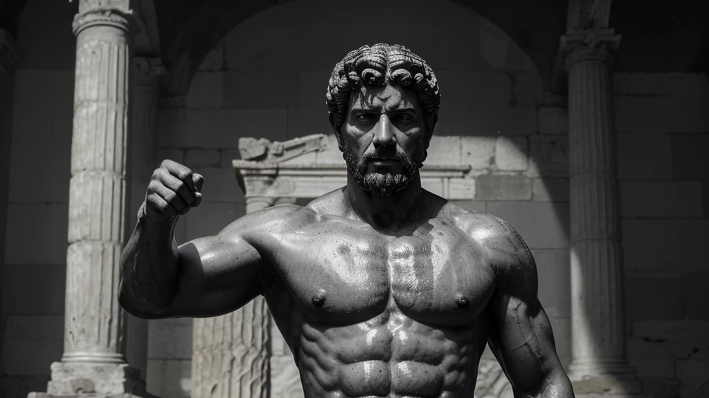 a portrait statue of the stoic Marcus Aurelius in black and white 4K, Super realistic ANCIENT GREEK RUINS, fully body, corpo stark, brawny, stark, wearing no shirt, tronco stark, stark, wearing no shirt, strong arms, 8K, ultra realisitic, cinematographic