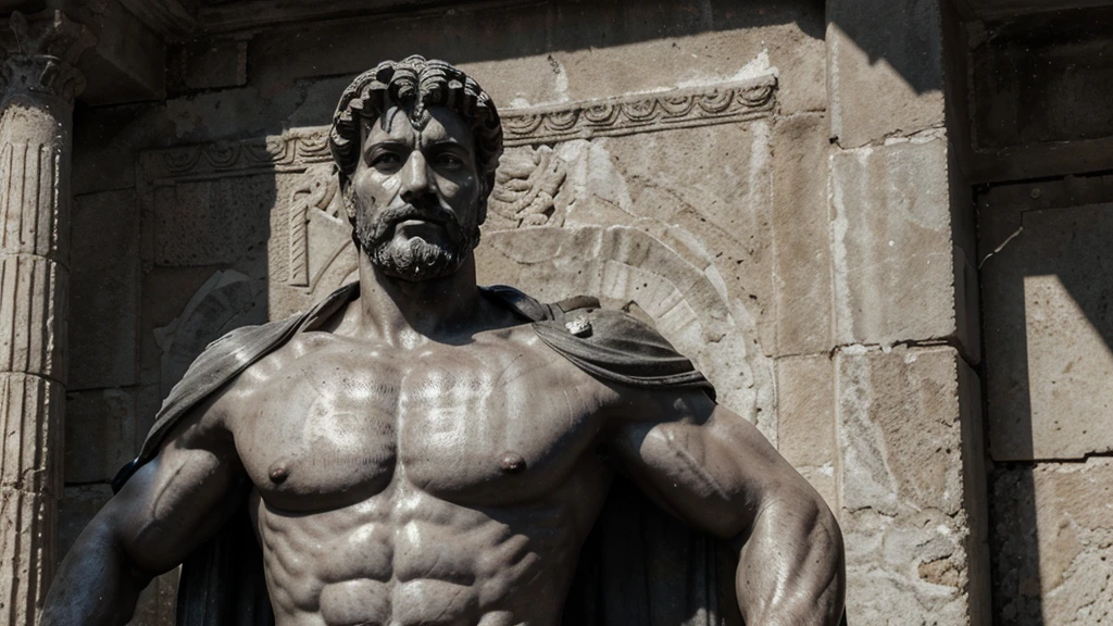 a portrait statue of the stoic Marcus Aurelius in black and white 4K, Super realistic ANCIENT GREEK RUINS, fully body, corpo stark, brawny, stark, wearing no shirt, tronco stark, stark, wearing no shirt, strong arms, 8K, ultra realisitic, cinematographic