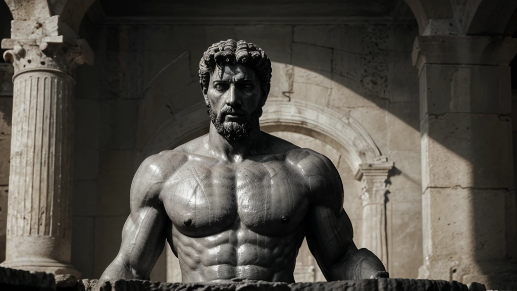 a portrait statue of the stoic Marcus Aurelius in black and white 4K, Super realistic ANCIENT GREEK RUINS, fully body, corpo stark, brawny, stark, wearing no shirt, tronco stark, stark, wearing no shirt, strong arms, 8K, ultra realisitic, cinematographic