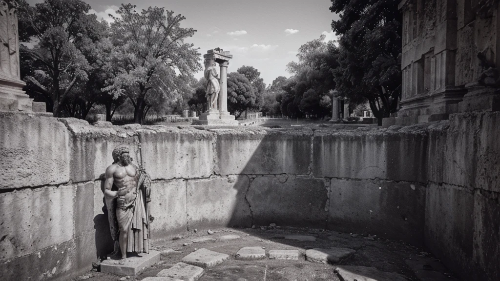 a portrait statue of the stoic Marcus Aurelius in black and white 4K, Super realistic ANCIENT GREEK RUINS, fully body, corpo stark, brawny, stark, wearing no shirt, tronco stark, stark, wearing no shirt, strong arms, 8K, ultra realisitic, cinematographic