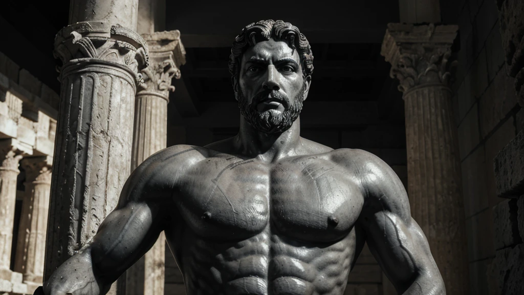 a portrait statue of the stoic Marcus Aurelius in black and white 4K, Super realistic ANCIENT GREEK RUINS, fully body, corpo stark, brawny, stark, wearing no shirt, tronco stark, stark, wearing no shirt, strong arms, 8K, ultra realisitic, cinematographic