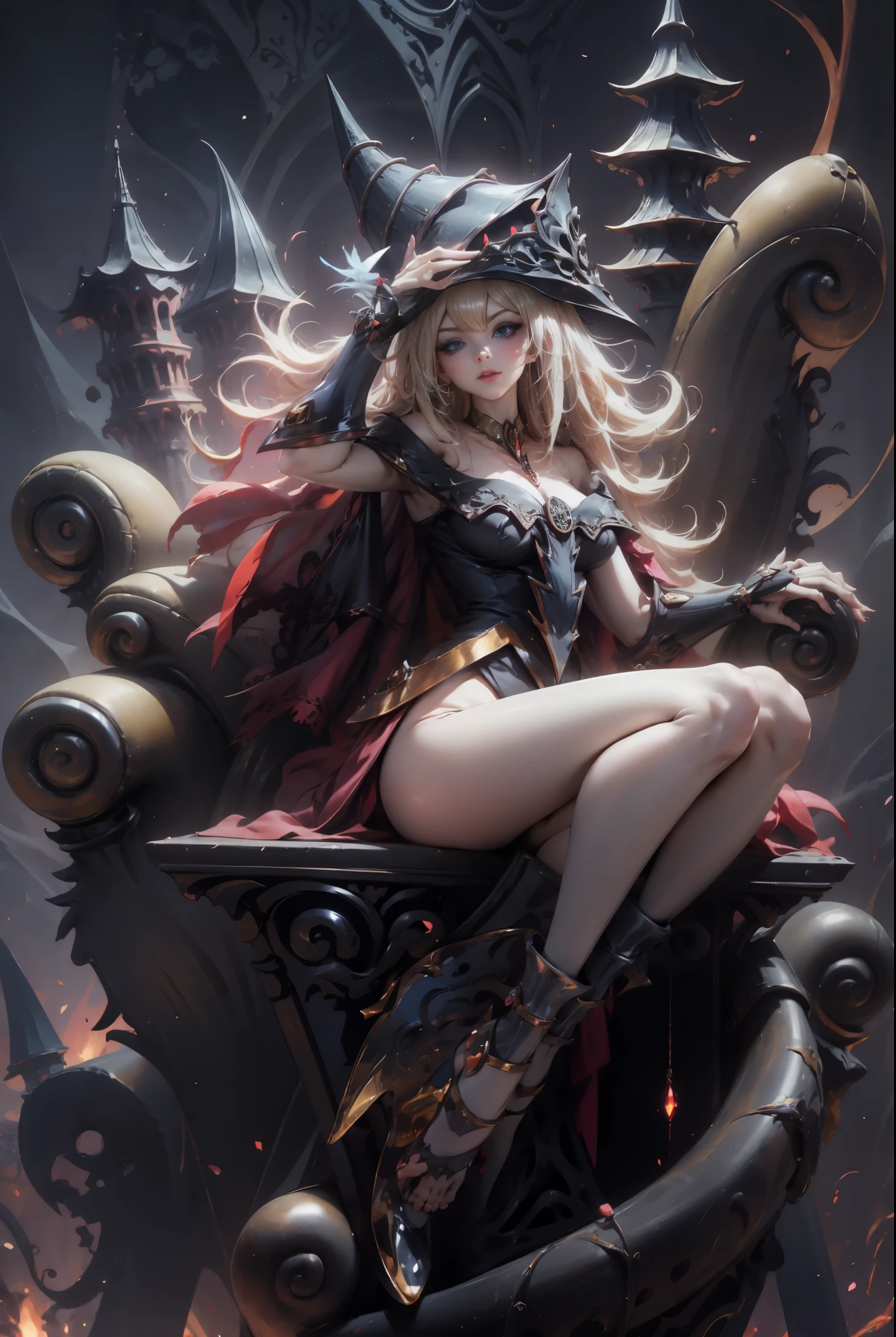Dark magician gils with black gala dress. She wears red heels, has earrings. Wear necklaces. Long blonde hair. blue eyes. Red lips. Sensual and subjective pose. Castle Background