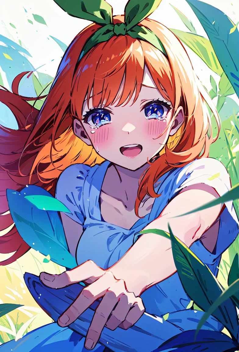 Yotsuba Nakano, short orange hair, green ribbon,, 4k, extremely fine illustration, cowboy shot, tears,, sfw, crying, dynamic pose, interesting pose, expressive face, silky pretty dress,flowing dress, wind, extremely fine and beautiful, super fine illustration, top-quality、Official art、Beautifully Aesthetic:、vivid colours、colourful, HD Detail, Ultra Detail, soft Light, magical photography, intricate details, , sfw, , indigo eyes, masterpiece, 4k, ultradetailed,