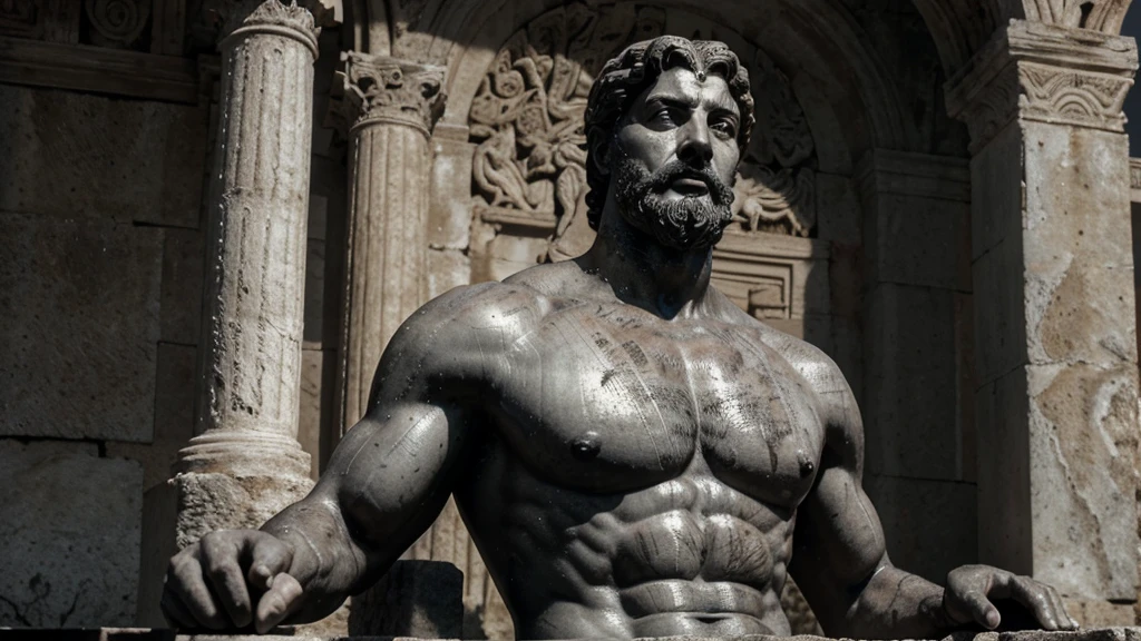a portrait statue of the stoic Marcus Aurelius in black and white 4K, Super realistic ANCIENT GREEK RUINS, fully body, corpo stark, brawny, stark, wearing no shirt, tronco stark, stark, wearing no shirt, strong arms, 8K, ultra realisitic, cinematographic