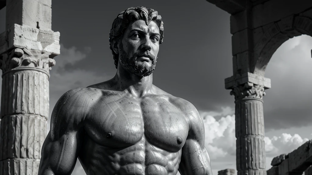 a portrait statue of the stoic Marcus Aurelius in black and white 4K, Super realistic ANCIENT GREEK RUINS, fully body, corpo stark, brawny, stark, wearing no shirt, tronco stark, stark, wearing no shirt, strong arms, 8K, ultra realisitic, cinematographic
