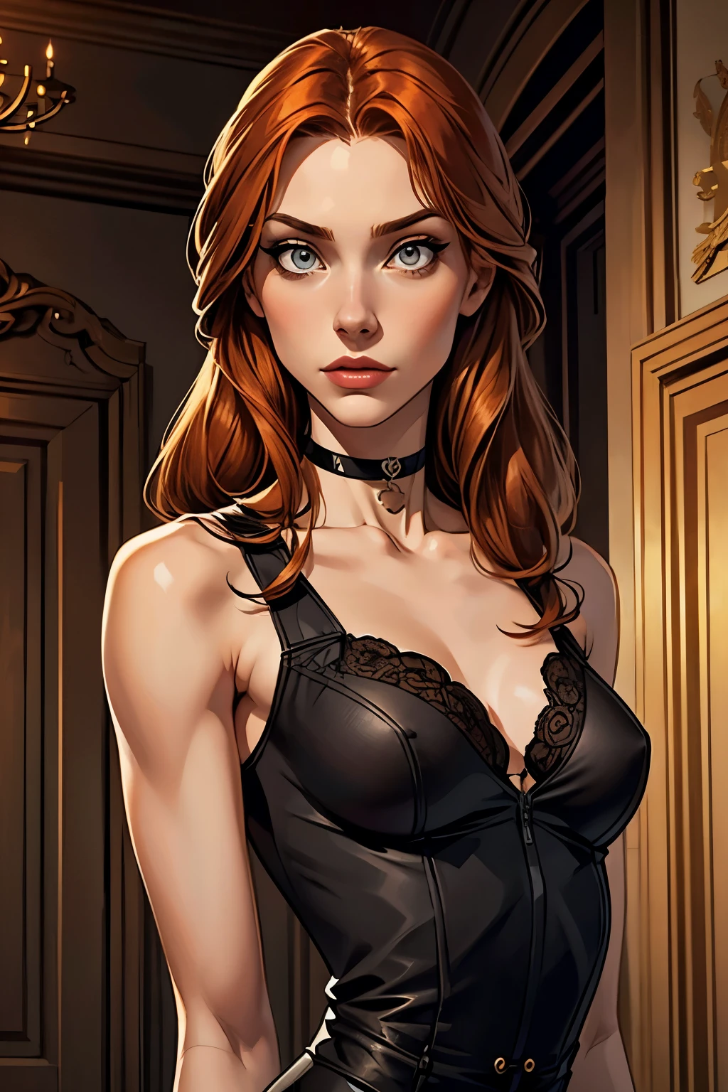 best qualityer, work of art, (realisitic: 1.2), 1 girl, slender girl, ginger hair, eyes browns, 3/4 view, face detailed, gorgeous eyes, eyes gray, eyes large, breasts small, choker, slender waist,