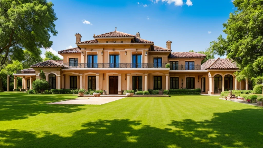 Luxurious country house with garden, , Mexican style on a striking summer day with blue sky. nature, Beautiful residential area house. living room of luxurious house, Real Estate Properties. - High Resolution Image

