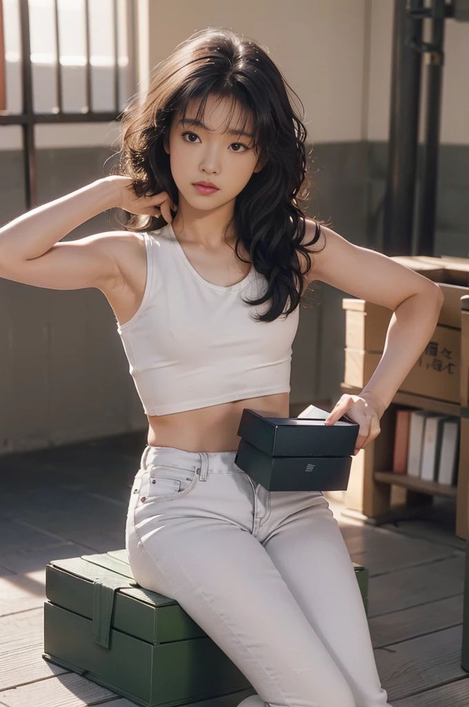 RAW Photos, 8K, (Highest quality), Realistic, (live-action, Intricate details), (Natural skin texture, Detailed skin, Hyperrealism, Sharpness), (Japanese female college student, Place your hands behind your head, Exposed armpits, Show your armpits), ((White tight tank top, Low rise jeans)), (((Small box:1.4))), Fair skin, Sweaty skin, ((Wavy long hair, One-length hairstyles)), (Akina Nakamori, neat face, Part your lips), Hotel Rooms, hard lighting:1.3, Sunset Light, Full Body Shot