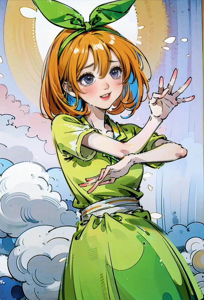 Yotsuba Nakano, short orange hair, green ribbon,, 4k, extremely fine illustration, cowboy shot, tears,, sfw, crying, dynamic pose, interesting pose, expressive face, silky pretty dress,flowing dress, wind, extremely fine and beautiful, super fine illustration, top-quality、Official art、Beautifully Aesthetic:、vivid colours、colourful, HD Detail, Ultra Detail, soft Light, magical photography, intricate details, , sfw, , indigo eyes, masterpiece, 4k, ultradetailed,