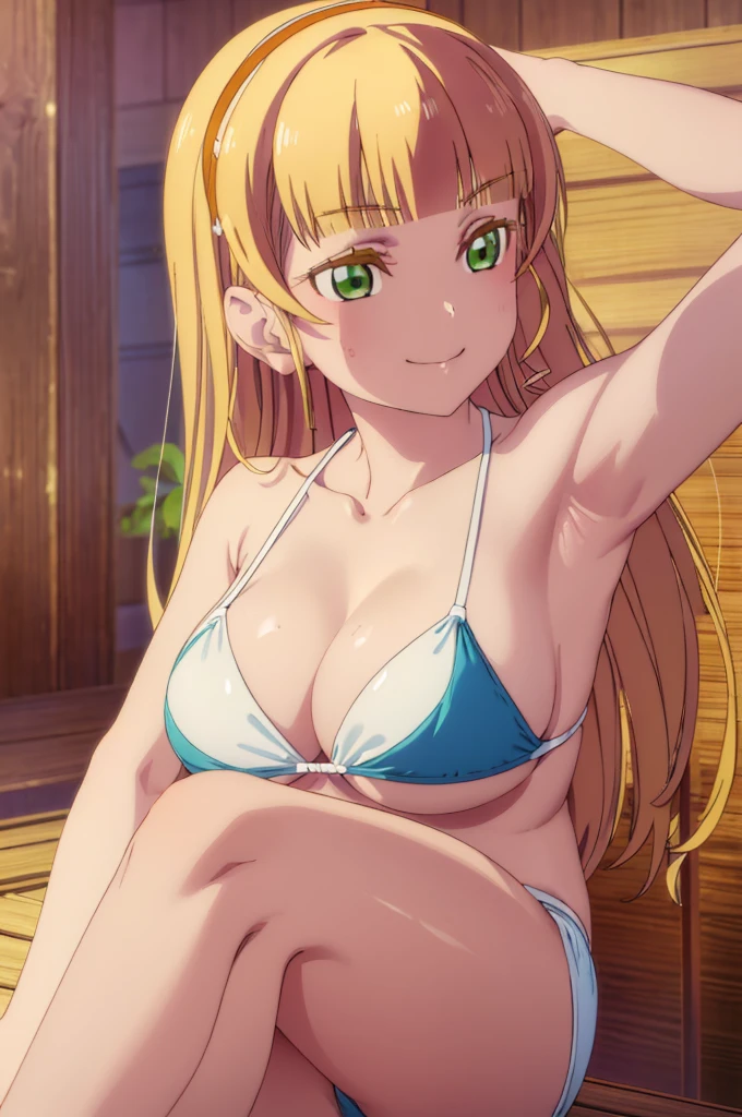 (((pixel-perfect, detail-perfect))), solo, 1girl, sumire heanna, smile, eyes green, hair blonde, sauna, bikini, armpit, big filesize, ultra High Qality