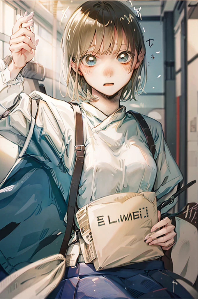 show off nipples under white shirt、Embarrassed expression、show off nipples under white shirt、Blushing、Glamorous expression、Black Skirt、Light cream colored hair、short hair、、、Japanese school uniform、schoolgirl、on the train、Strap、、8K,Masterpiece、Light cream colored hair、short hair、、Japanese 、、、Blushing、、Showing panties、Pull up your skirt、Blushing、on the train、Strap