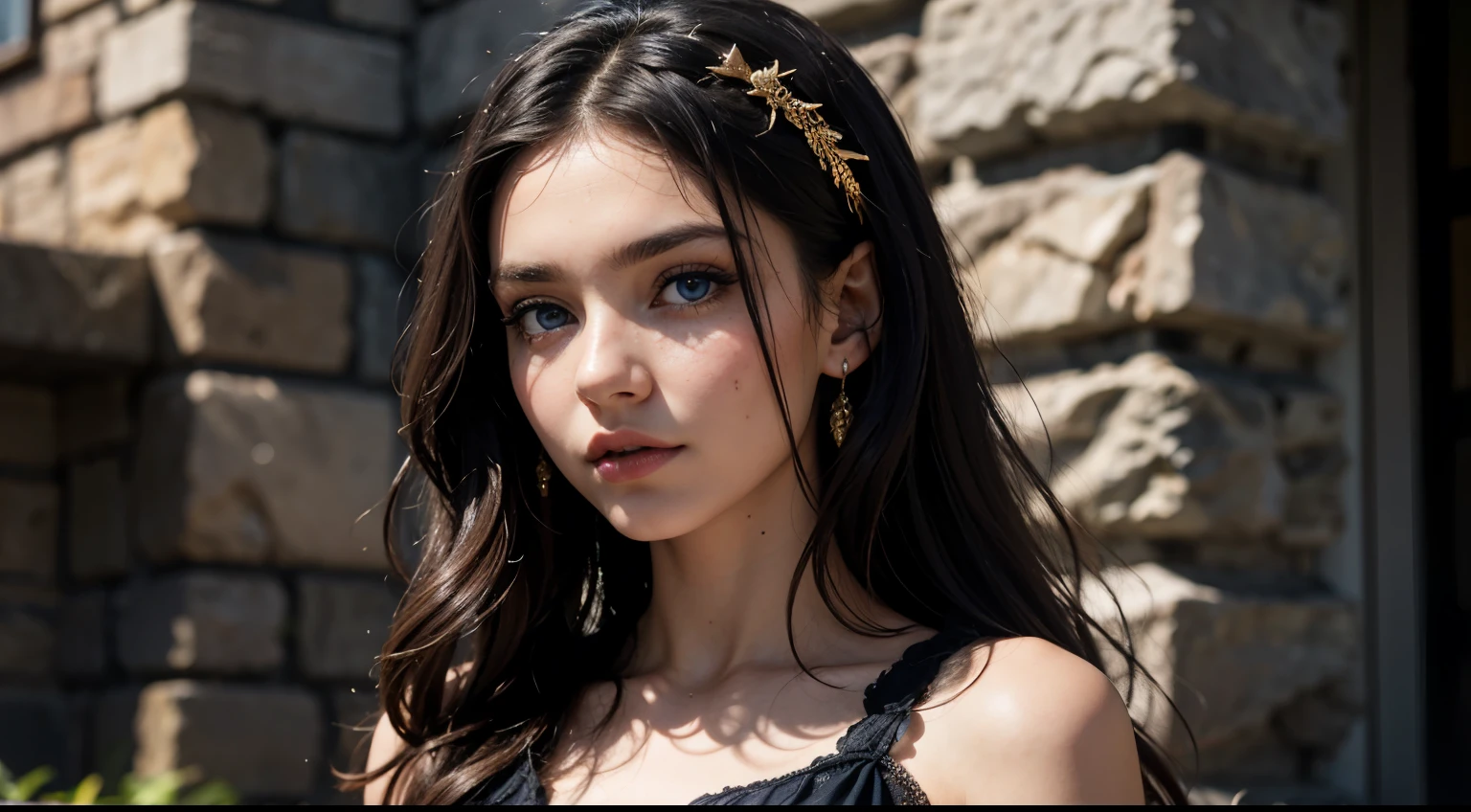 35mm film, solo, makeup, ((blue eyes)), looking at viewer, upper body, epiCPhoto, focus on face, (black and gold dress) close to viewer, intricate lines, ((stone wall)), sharp magnificent details, delicate features, elaborate details, beautiful girl, black hair, (((long hair))) 1girl, eighteen year old woman ((upper body)) (Acne), ((natural lighting))