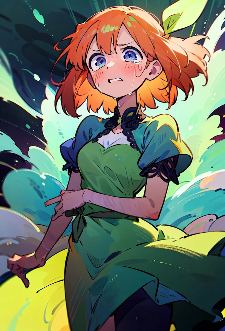 Yotsuba Nakano, short orange hair, green ribbon,, 4k, extremely fine illustration, cowboy shot, tears,, sfw, crying, dynamic pose, interesting pose, expressive face, silky pretty dress,flowing dress, wind, extremely fine and beautiful, super fine illustration, top-quality、Official art、Beautifully Aesthetic:、vivid colours、colourful, HD Detail, Ultra Detail, soft Light, magical photography, intricate details, , sfw, , indigo eyes, masterpiece, 4k, ultradetailed,