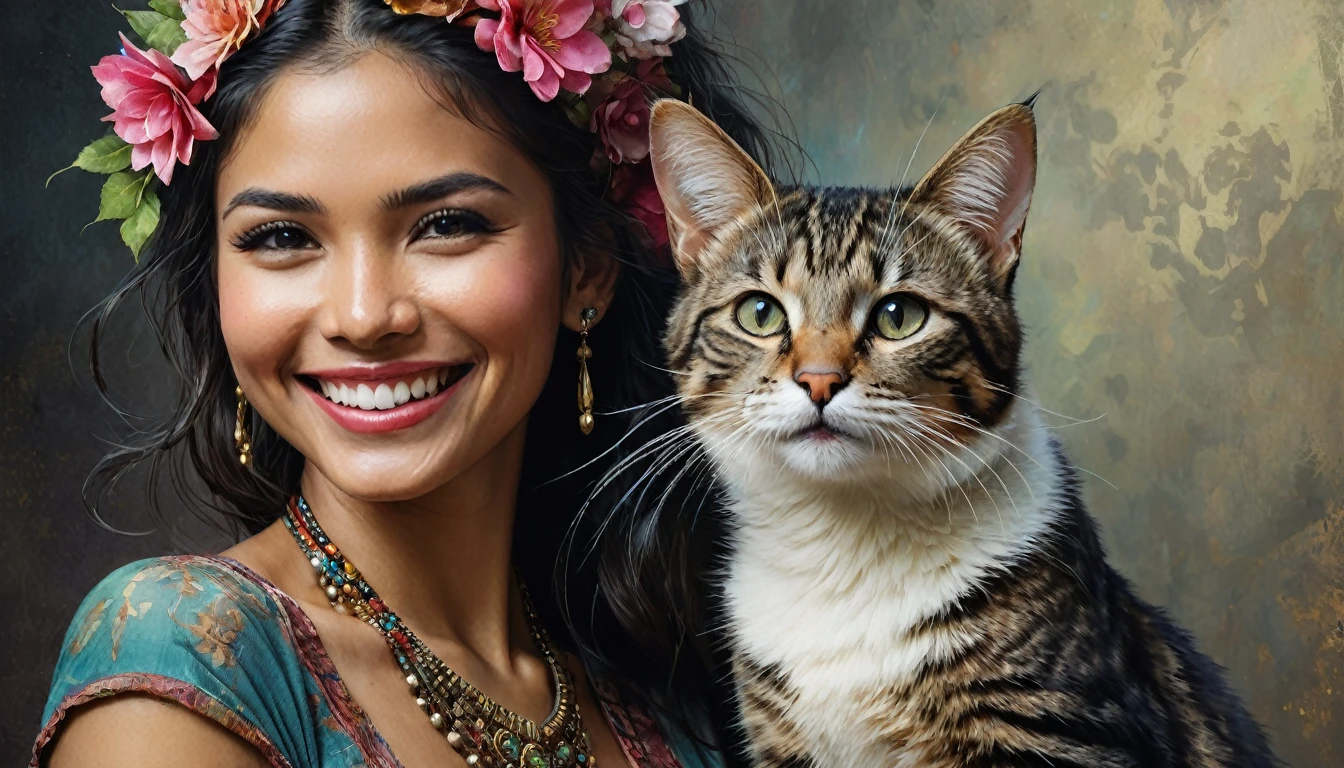 half body,
a woman smile with her best friend her Javanese cat,
dark complex background, style by Thomas Kinkade+David A. Hardy+Carne Griffiths+Mandy Disher half vivid colors fine art, best quality, high detailed, detailed faces, 2d,