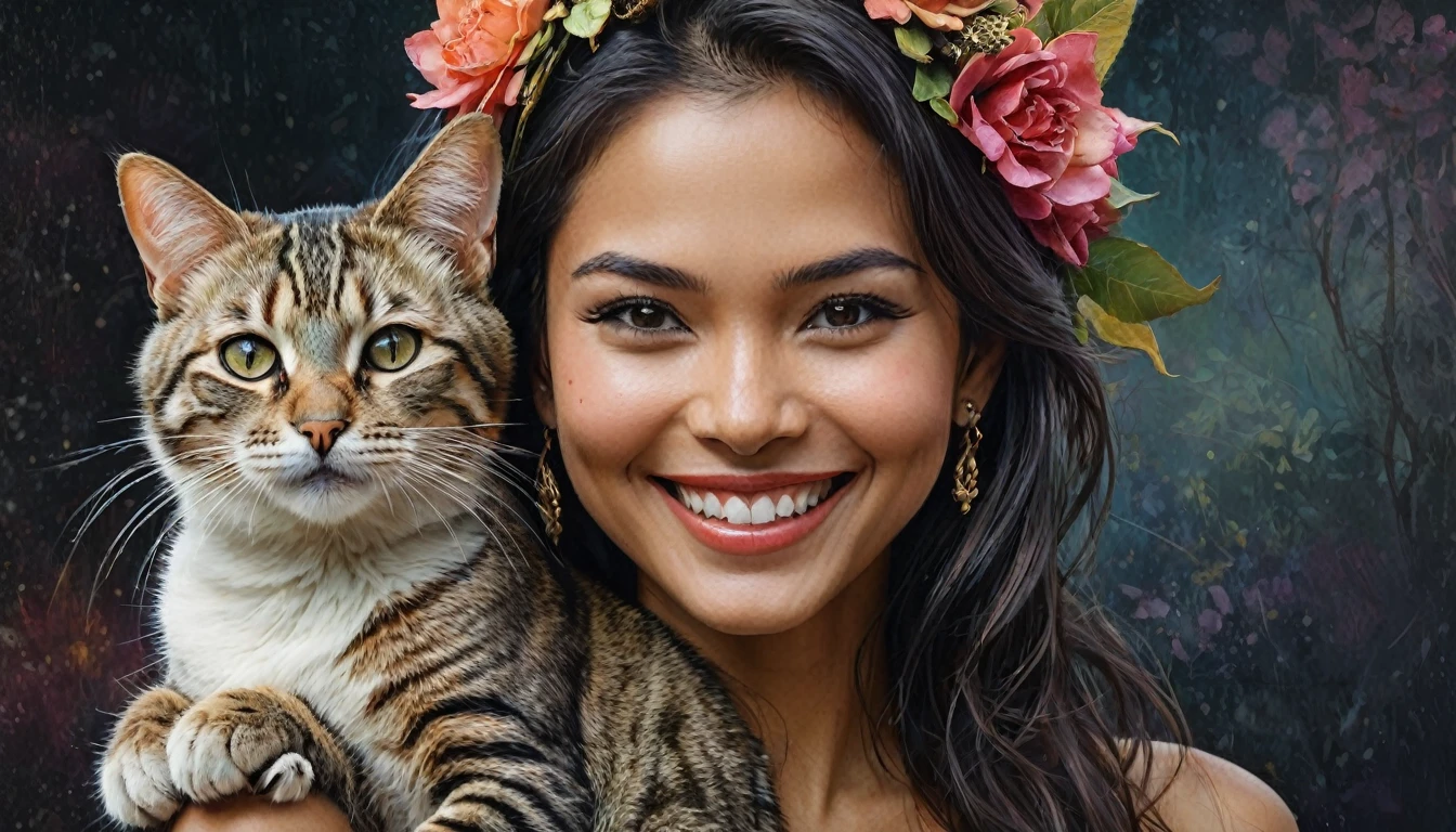 half  body,
a woman smile  with her best friend her Javanese cat,
dark complex background, style by Thomas Kinkade+David A. Hardy+Carne Griffiths+Mandy Disher half vivid colors fine art, best quality, high detailed, detailed faces, 2d,