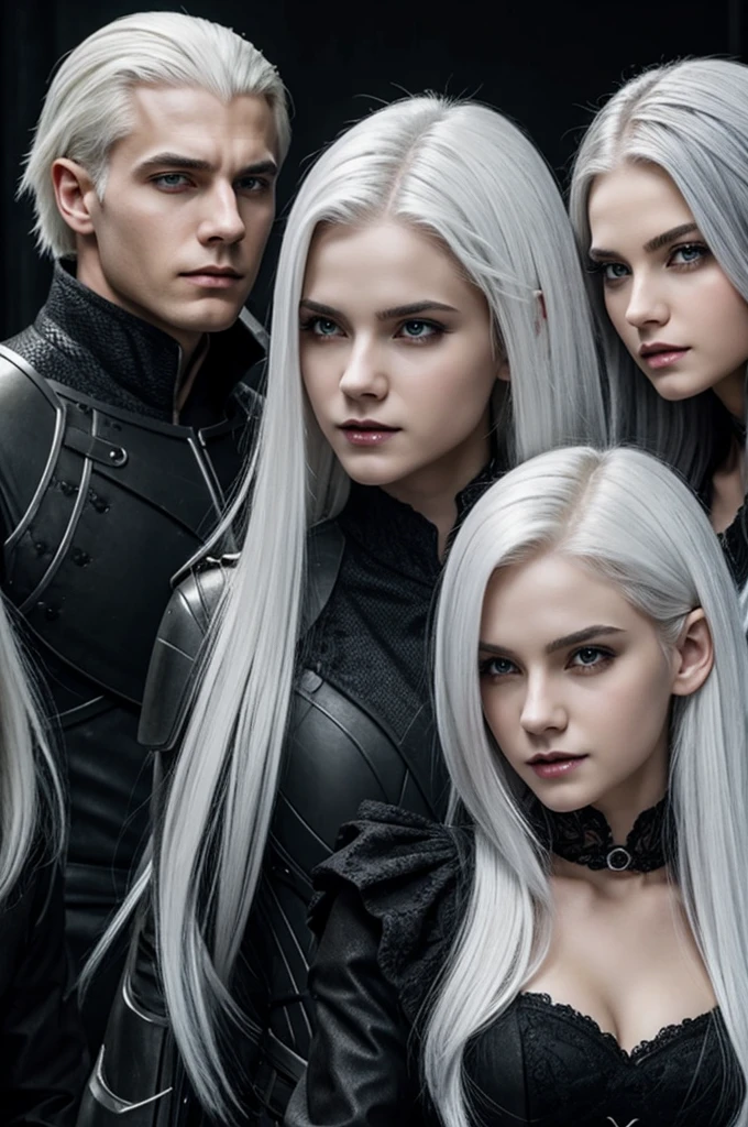 Army of beautiful white-haired vampire girls about to bite a beautiful man