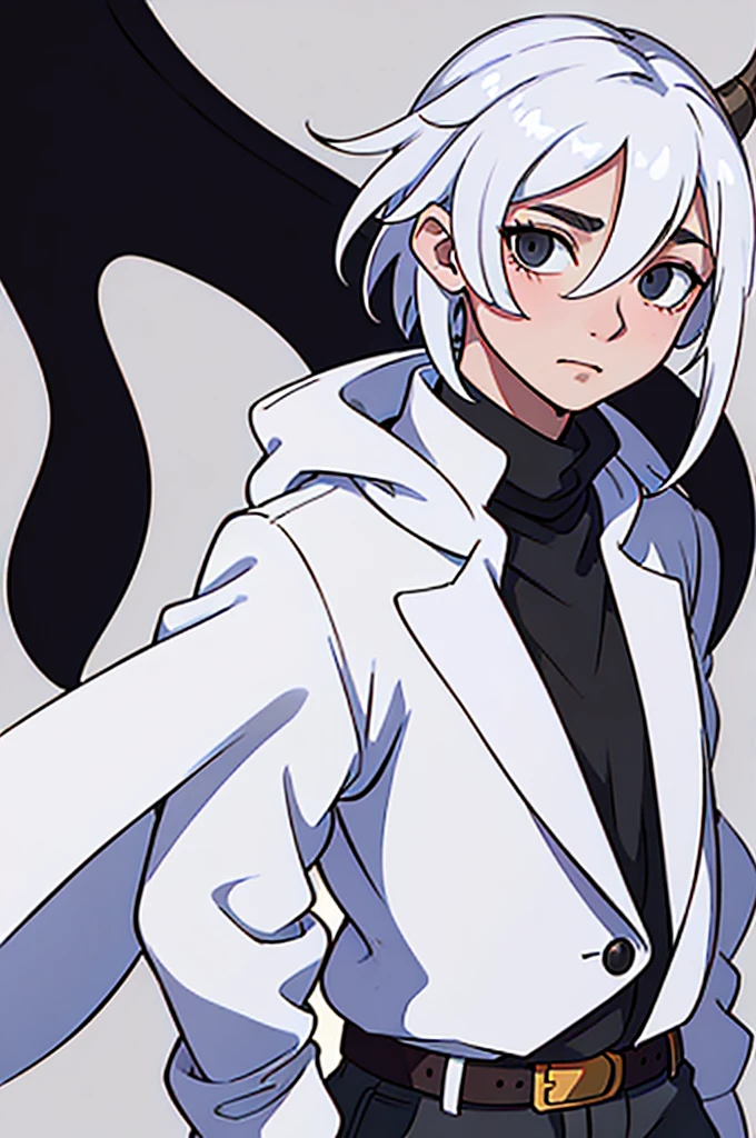 young man, with white hair, one-eyed and with black horns