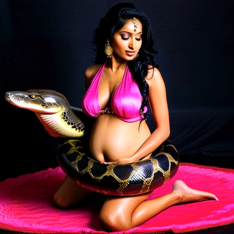 Pregnant pink bikini Happy Horny, aroused 1girl), beautiful kneeling young Indian belly dancer girl with giant colossal black anaconda squeezing her hard, wrapped in thick spiraling coils, constricted, struggle, gasping for air, snake attack, snake peril, moonless night, dim light