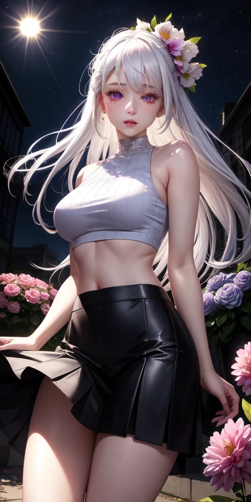 realistic, 1girl, white hair, purple eyes, glowing eyes, crop top, skirt, parted lips, blush, night, flowers, sun, sunlight,