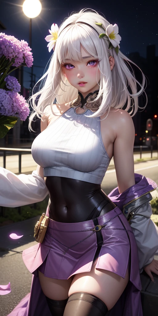 realistic, 1girl, white hair, purple eyes, glowing eyes, crop top, skirt, parted lips, blush, night, flowers, sun, sunlight,