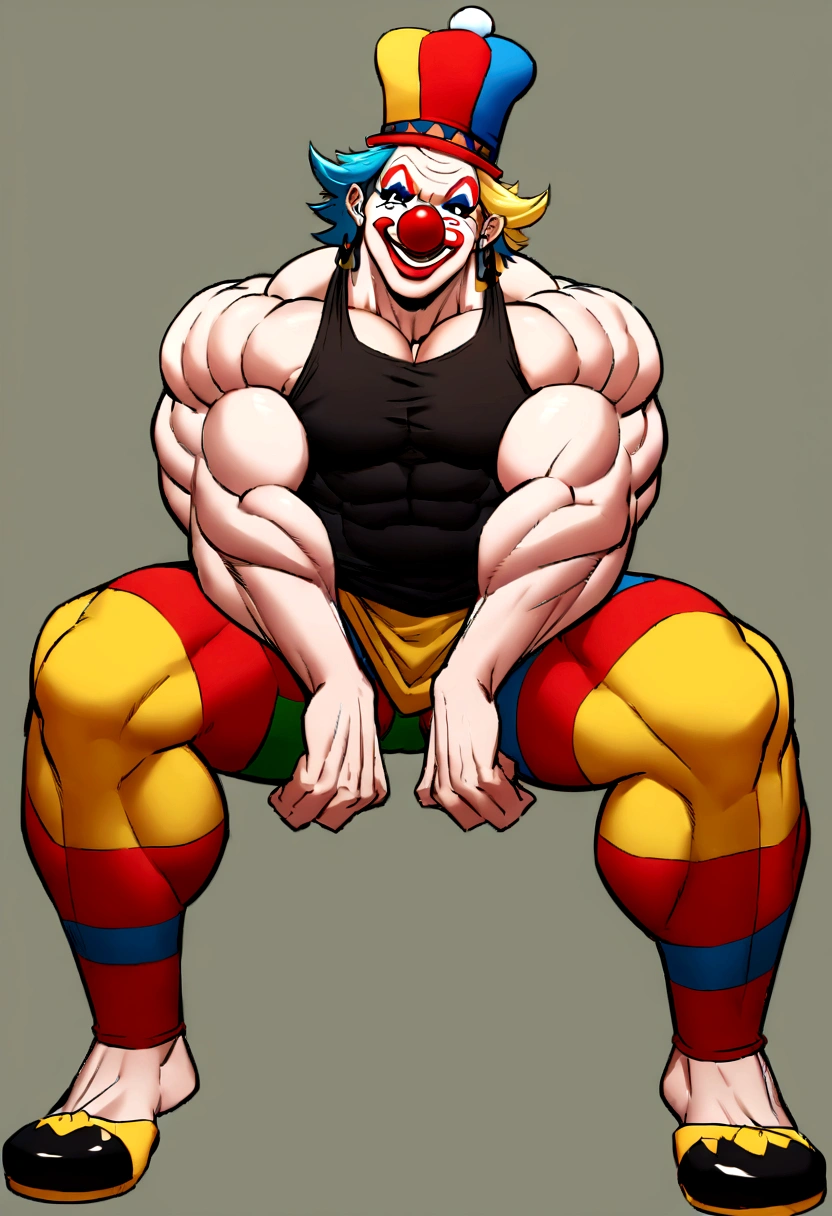 
Imagine Patatá, one of the famous clowns from the duo Patati Patatá, with a completely new and muscular appearance. He still maintains his clown characteristics, like colorful makeup, the red nose and the typical hat, but now he has huge, well-defined muscles. Your arms and legs are robust, with visible veins and voluminous biceps. He is wearing a tight tank top, which highlights your muscles even more. Despite the muscular appearance, he keeps his friendly smile and his fun look, ready to entertain everyone with his jokes and pranks.

