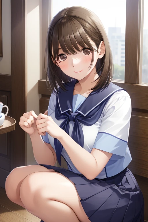 1girl in、A smile、A delightful!　The shirt、pleatedskirt、anegasaki nene、Shiny brown hair, short hair, (Beautiful brown eyes)、smile、Sparkling eyes, (Fine grain)、Ultra-detailed eyes、Highly detailed face, Highly detailed eyes,Cowboy Shot、Short-sleeved white sailor suit、Navy blue mini pleated skirt、Very short mini skirt、Bare thighs、  Squatting panchira、