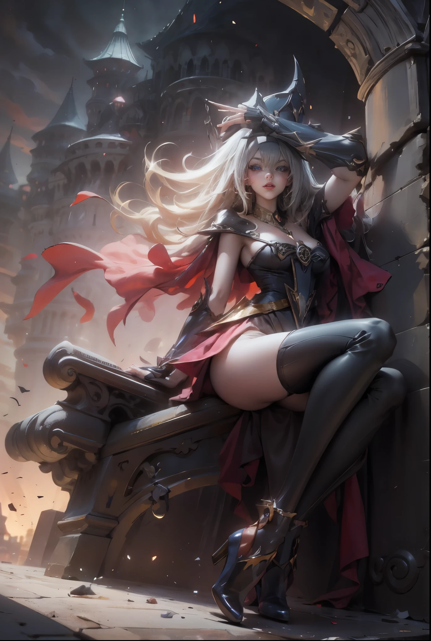 Dark magician gils with black gala dress. Wear dark tights. She wears red heels, has earrings. Wear necklaces. Long blonde hair. blue eyes. Red lips. Sensual and subjective pose. Castle Background. She has black heels and transparent stockings