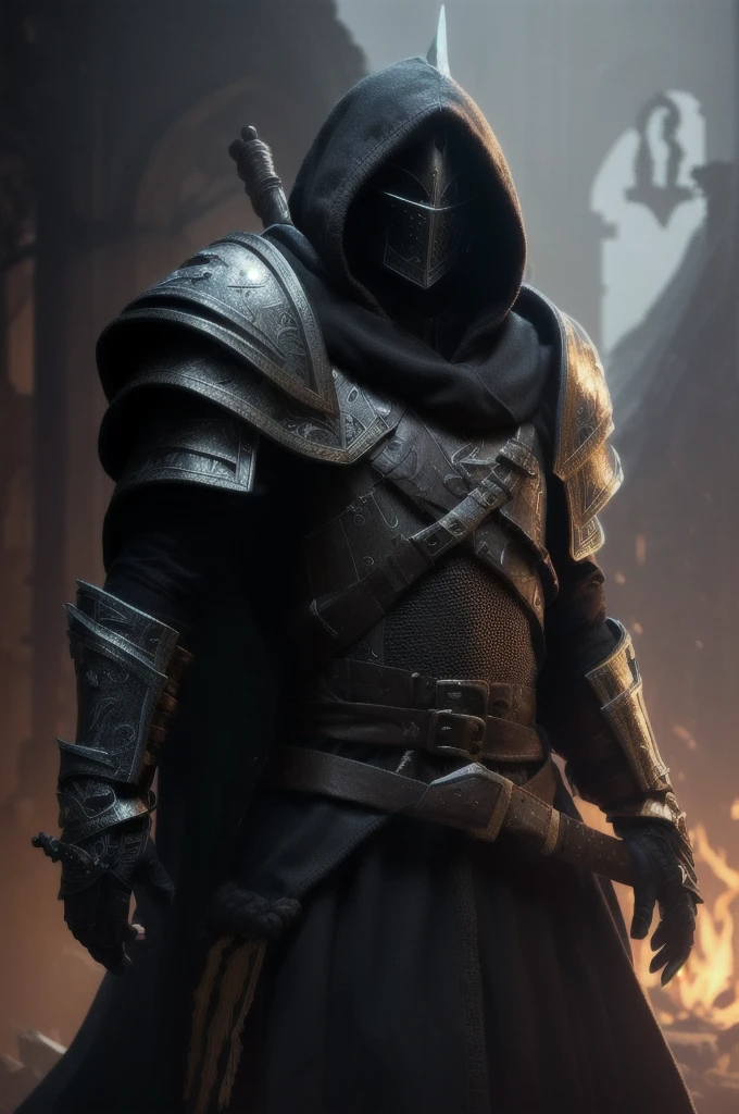 a close up of a person in a hooded jacket with a sword, amazing 8k character concept art, light armor, from vermintide 2 video game, paladin, flowing robes and leather armor, clothed in stealth armor, guillem h. pongiluppi, golden and black armor, d&d trending on artstation, light coming off of the armor