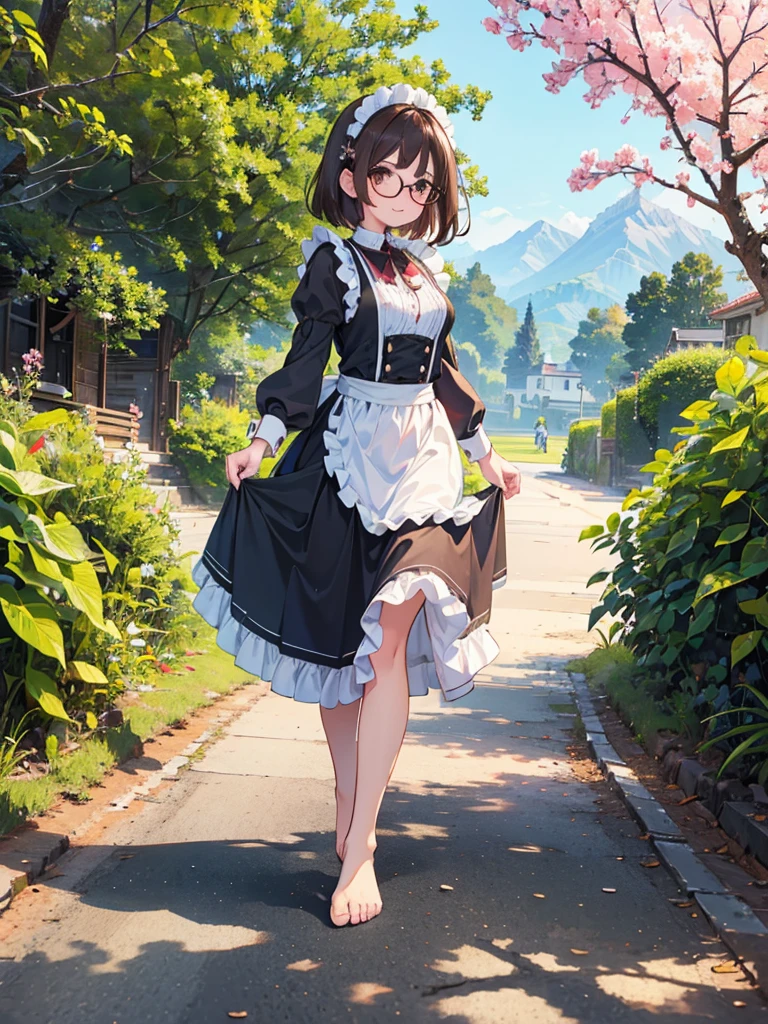 1 woman、brown hair(long)、brown eyes、black round glasses、 best quality、Super detailed、8K resolution、Raw photo、muste piece、seductive 、outfits maid, gorgeous face、perfect body、spring scenery、barefoot, stroll、smile