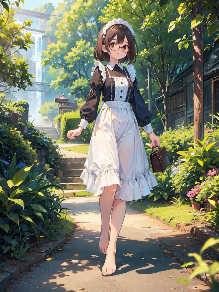 1 woman、brown hair(long)、brown eyes、black round glasses、 best quality、Super detailed、8K resolution、Raw photo、muste piece、seductive 、outfits maid, gorgeous face、perfect body、spring scenery、barefoot, stroll、smile